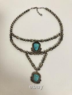 Vtg Sterling Silver Navajo Bench Made Bead & Turquoise Pendant Necklace-signed