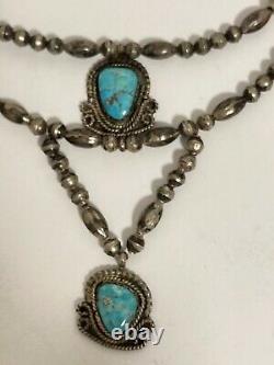 Vtg Sterling Silver Navajo Bench Made Bead & Turquoise Pendant Necklace-signed