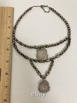 Vtg Sterling Silver Navajo Bench Made Bead & Turquoise Pendant Necklace-signed