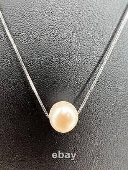 White Pearl Necklace, Floating, Fine Sterling Silver Chain Made in Italy 18
