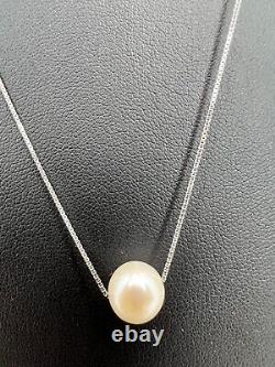 White Pearl Necklace, Floating, Fine Sterling Silver Chain Made in Italy 18