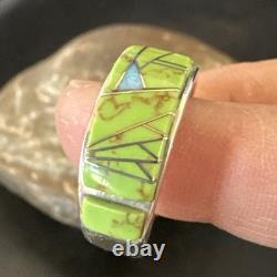 Womens Rare Green Gaspeite Sterling Silver Band Inlay Ring Size 9.5 19149