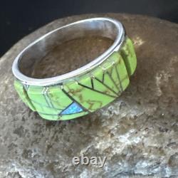 Womens Rare Green Gaspeite Sterling Silver Band Inlay Ring Size 9.5 19149