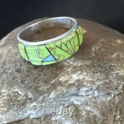 Womens Rare Green Gaspeite Sterling Silver Band Inlay Ring Size 9.5 19149