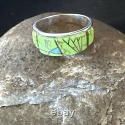 Womens Rare Green Gaspeite Sterling Silver Band Inlay Ring Size 9.5 19149