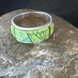 Womens Rare Green Gaspeite Sterling Silver Band Inlay Ring Size 9.5 19149