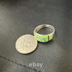 Womens Rare Green Gaspeite Sterling Silver Band Inlay Ring Size 9.5 19149