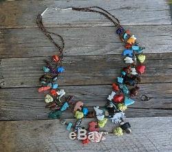 Zuni Animal Fetish Treasure Necklace 3 Strands Hand Made Native American Jewelry