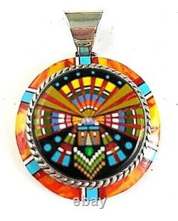 Zuni Hand Made Handcrafted Sterling Silver Intricate Micro Inlay Round Pendant