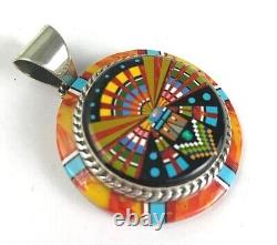 Zuni Hand Made Handcrafted Sterling Silver Intricate Micro Inlay Round Pendant