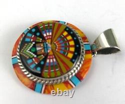 Zuni Hand Made Handcrafted Sterling Silver Intricate Micro Inlay Round Pendant