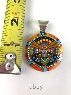 Zuni Hand Made Handcrafted Sterling Silver Intricate Micro Inlay Round Pendant