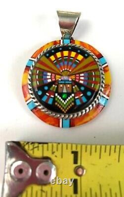 Zuni Hand Made Handcrafted Sterling Silver Intricate Micro Inlay Round Pendant